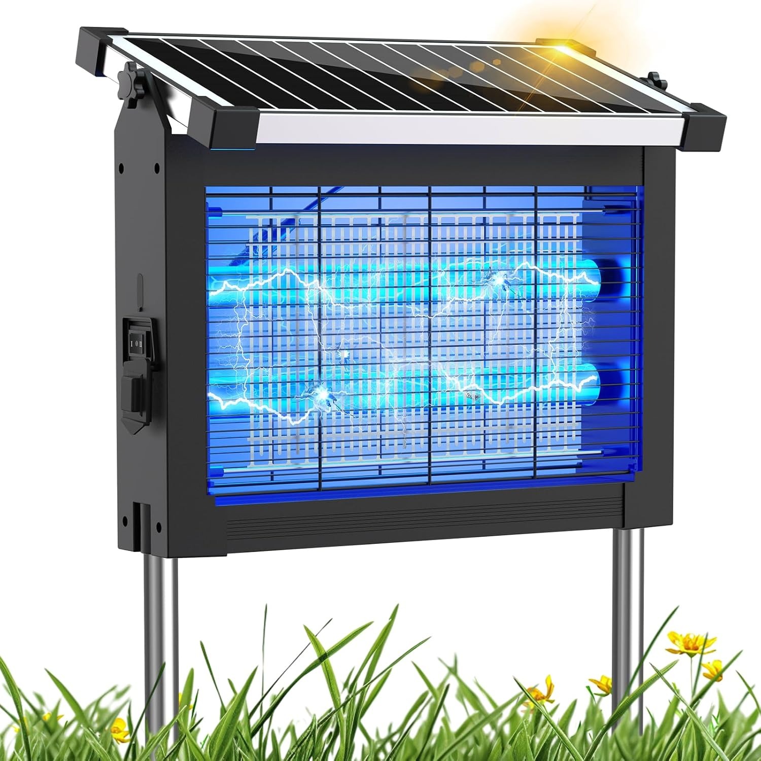 Vyelix solar bug zapper with electric lightning arcs over grass